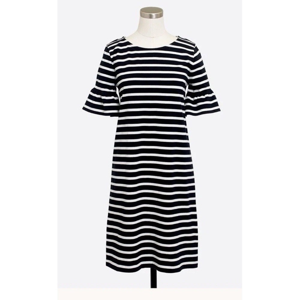 J Crew Black White Stripe Ruffle Sleeve Nautical Business Shift Dress Medium